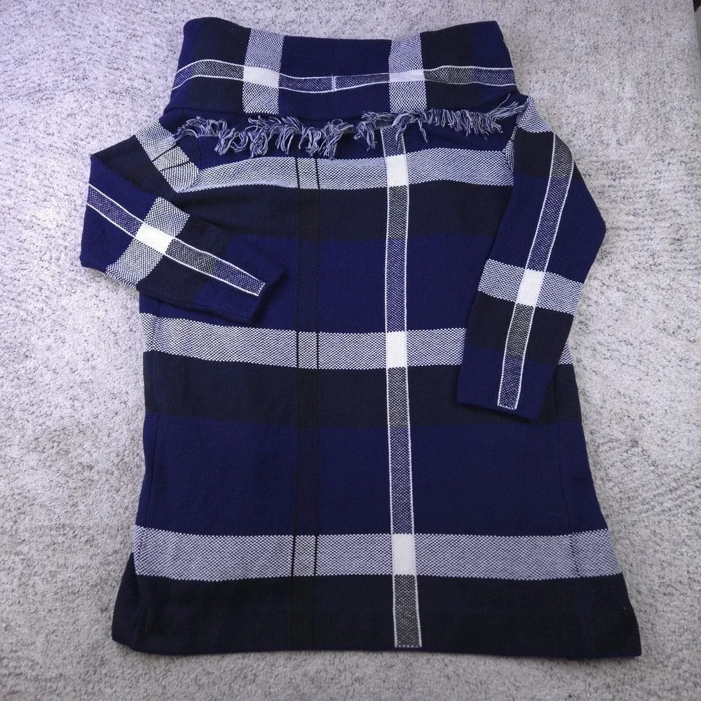 Tory Burch Jacket Women Medium Sweater Coat Cardigan Gwen Plaid Open Fringe Wool